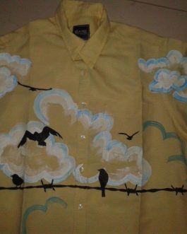 clouds and birds hand painted on yellow shirt