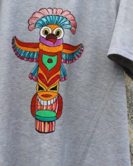 hand painted totem pole on a grey T shirt