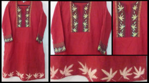 Maple leaves hand painted on red churidhar