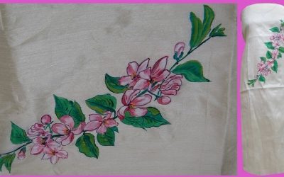 floral design painted on tussar material