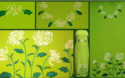 green kurthi material painted with chrysanthemum